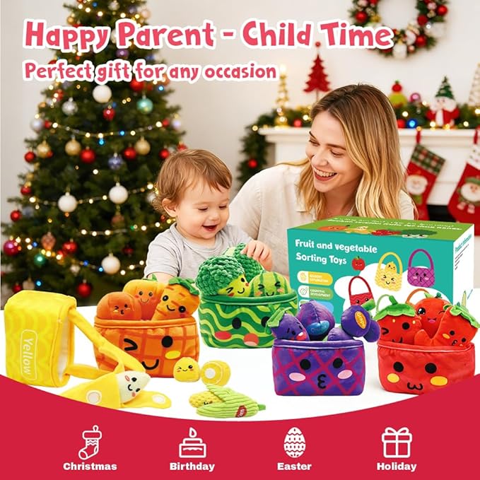 Play Food for Toddlers 1-3, Plush My First Fruit Vegetables Basket Color Sorting Rattle, Squeaker & Crinkle Play Food Set for Kitchen Baby Sensory Toys Easter Basket Stuffers Birthday Gifts 20PCS