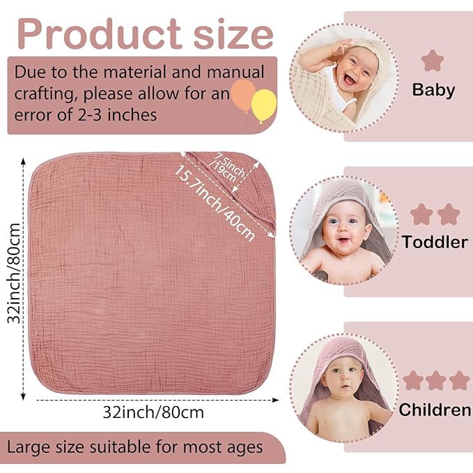 Peryiter 4 Pcs Muslin Hooded Baby Towels 32 x 32 Inch Cotton Newborn Bath Essentials Muslin Infant Blankets Absorbent Registry Gifts for Girl Boy Kids Baby Shower (Beige Series)