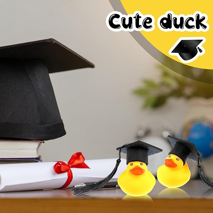 Lenwen 24 Pcs Graduation Rubber Ducks with Grad Cap Mini Rubber Duckies Gifts Bulk for Graduation Party Favors Decoration(Black Grad Hat)