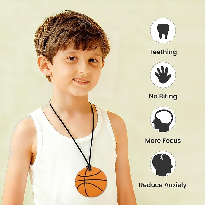4 Pcs Silicone Sensory Chew Necklace Toy for Boys and Girls,Chewy Necklace for Kids with Autism, ADHD,Oral Motor,Biting Needs,Reduce Anxiety Fidgeting (Sports Balls)