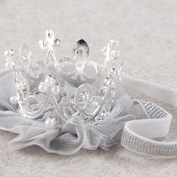 Nishine Princess Toddler Girls Crown Tiaras Baby Elastic Birthday Party Crown Headband Photo Props Gift (Pearl&Silver)