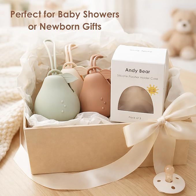 Andy Bear Silicone Pacifier Holder Case, Baby Paci Storage Case Silicone, Portable Leakproof One-Piece BPA-Free Set of 3-Ivory, Sage, Blush
