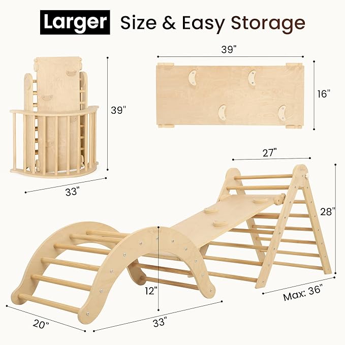 Belleur 7-in-1 Climbing Toys for Toddlers 1-3 Years Old, Foldable Wooden Pikler Triangle Set Indoor, Montessori Climbing Set with Arch, Ramp & Ladder - Natural