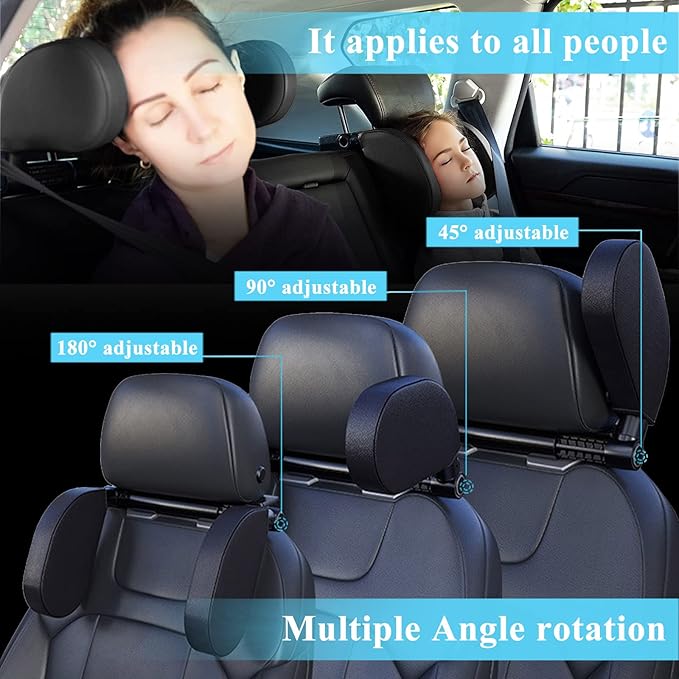Car Headrest Pillow, 180 Degrees Adjustable Car Seat Headrest with Memory Foam, Head Rest Pillow for Car Suitable for Adults and Children to Sleep While Traveling, Black
