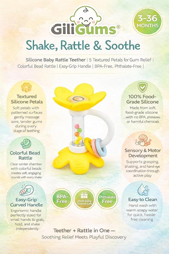 Standing Flower Silicone Baby Rattle Teether – 5 Textured Petals for Gum Relief | Colorful Bead Rattle | Easy-Grip Handle | BPA-Free, Phthalate-Free | Sensory Toy 3-36 Months