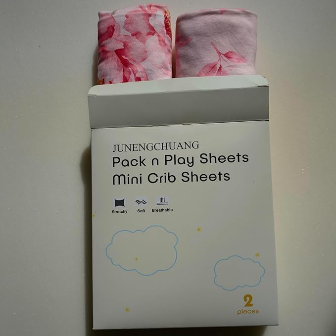 Pack and Play Sheets, 2 Pack Mini Crib Sheets for 38x26 Mattress, Stretchy Snug Fit Playard Fitted Sheet, Soft Breathable Cozy Material, Compatible with Graco Pack n Play for Baby and Toddler