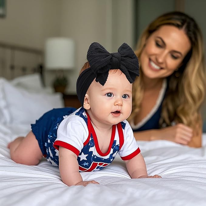 LemonSpace Handmade Baby Headband Bows Nylon Blue Bow for Newborn girls Police Day Hair Accessories Infant Girls Hair Bows Flag Blue and Black Stretchy Soft Baby girl Bows Infant Toddlers Headwrap