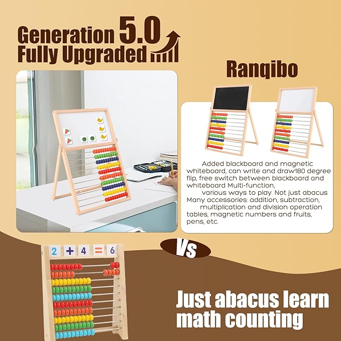 Wooden Abacus for Kids Math - Double-Sided Blackboard Whiteboard Magnetic Abacus with 100 Magnetic Number & Fruit Stickers - Educational Counting Games Kids Gift