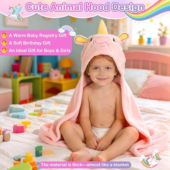 Flasoo 4 Pcs Toddler Towels Set, 1 Thick Toddler Bath Towel & 3 Washcloths, Large 55" x 27.5" Hooded Toddler Bath Towel, Hooded Towels Kids, Soft Toddler Towels with Hood 0-5 Years for Kid (Unicorn)