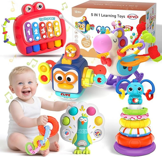 usrela 5 in 1 Baby Toys for 12 18 Month, Learning Toy for Babies 12-18 Months, Baby Busy Cube, Stacking&Sensory, Pull String&Piano Xylophone Toy, Birthday Gift for 12+ Month