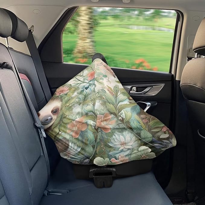 Wanyint Sloth Leaf Retro Baby Car Seat Covers, Carseat Canopy for Babies Boys Girls Multi-Use Nursing Breastfeeding Covers Nursing Scarf, Gift for Mothers