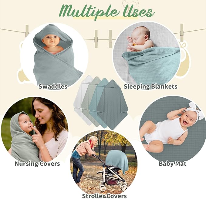 Preboun 4 Pcs Muslin Hooded Baby Towels,32"x 32" Cotton Newborn Bath Towel Muslin Infant Baby Blankets Absorbent Unisex Newborn Registry Gift for Girls Boys(Green Series)