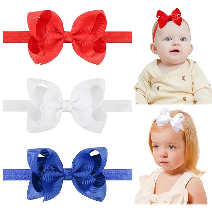 jollybows 3 PCS 4" Boutique Grosgrain Ribbon Headbands and Hair Bows for Baby Girls, Infants, Toddlers, Kids, and Teens - Red, Royal Blue, White