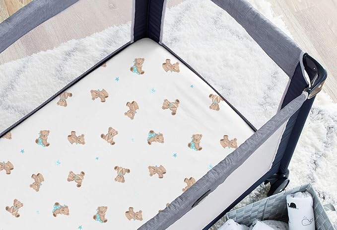 American Baby Company 2 Pack 100% Natural Cotton Fitted Pack and Play Sheets 39" x 27" - Soft & Breathable Pack N Play Sheets for Playard & Mini Crib Mattress, Bear and White, for Boys & Girls