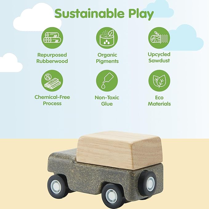PlanToys® Grey Wagon Wooden Montessori Pull Along Toy | Early Movement, Balance and Practical Life Exploration | Eco Friendly Wagon for Indoor and Outdoor Play