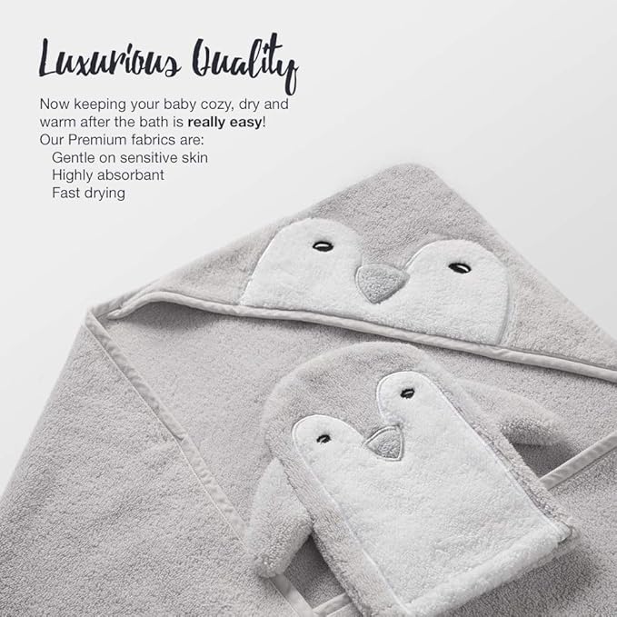 Happy & Sweet Baby Gift Set - Bamboo Viscose Hooded Penguin Bath Towel, Mitt Washcloth, and Squirt Bath Toy for Boys and Girls - Gray - Bonus eBook Included