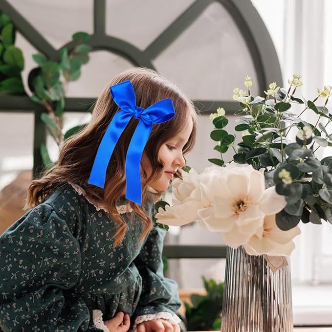 2-Pack Long Satin Ribbon Hair Bows for Girls – Elegant Silk Hair Clips for Toddlers, Infants, Teens & Kids - Royal Blue