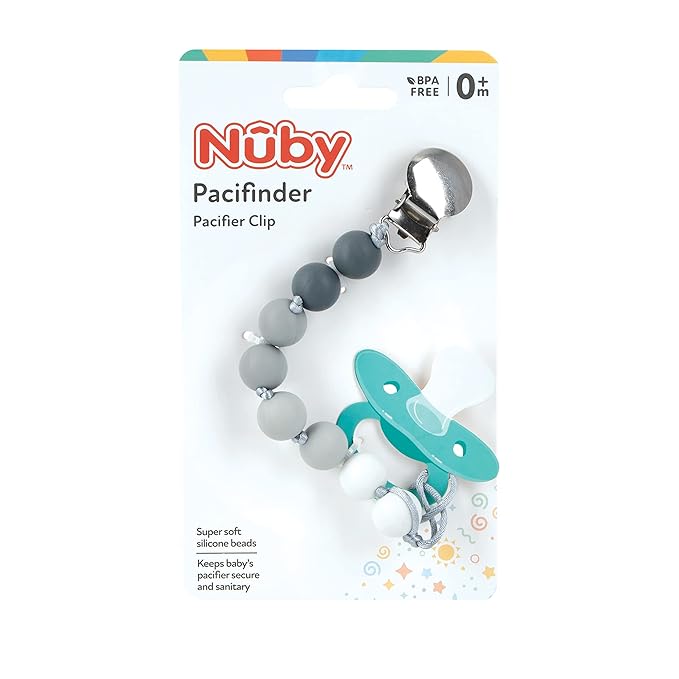 Nuby 1 pk Silicone Pacifinder with Metal Clip - 0+ Months, 1 Pack: Assorted Neutral Colors (Grey or Aqua)