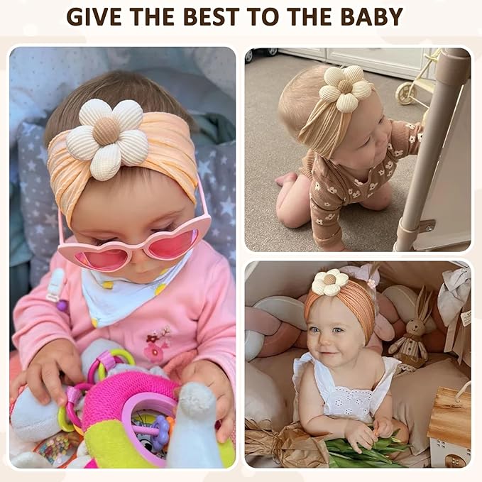 MIUXUESO 3 Pcs Baby Flower Headbands Baby Girls Nylon Headband Soft Hairbands Hair Accessories for Newborn Infant Toddler Kids (Beige Orange Brown)