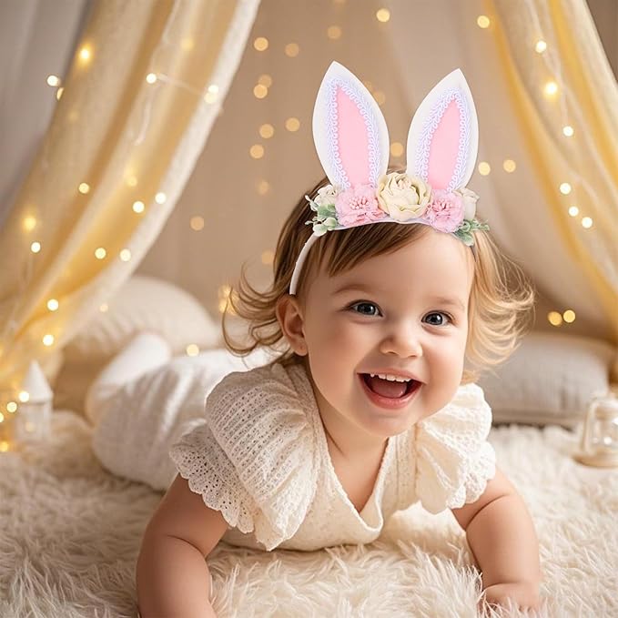 baotongle Bunny Headband Bunny Rose Ears Easter Headbands Baby Flower Crown Spring Bunny Headbands Ideal for Easter Party