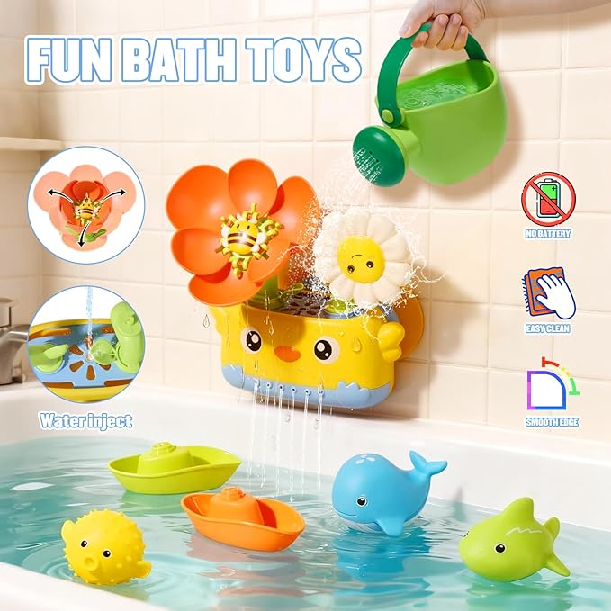 Baby Bath Toys for Kids Ages 1-3 | Safe & Fun Mold Free Toddler Bath Toys | Interactive Bath Toys with Blooming Flower with Watering Can Bathtub Water Toys for 1+ Year Old Great for Girls Shower Gifts