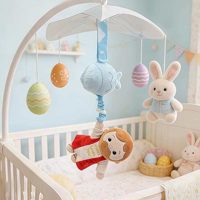 Yelakey Baby Jesus Musical Hanging Plush Toy with Lullaby Music Box Sensory Crib Toy for Newborn Baptism First Birthday Gift