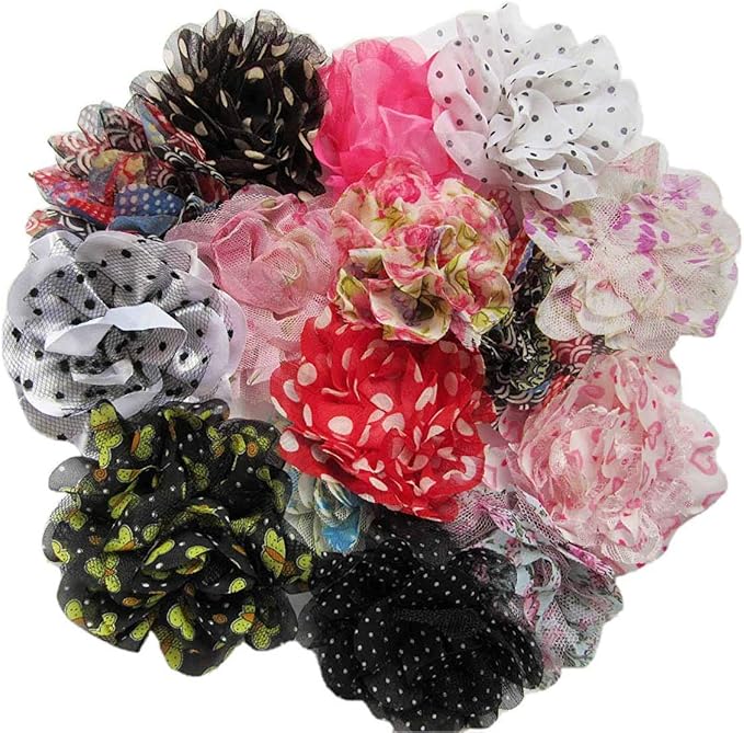 YYCRAFT 30pcs Chiffon Hair Flower Solids and Prints Included for Girls Headband Baby Flowers Bows,Crafts,Party Decoration(3"-4",Mix Color)