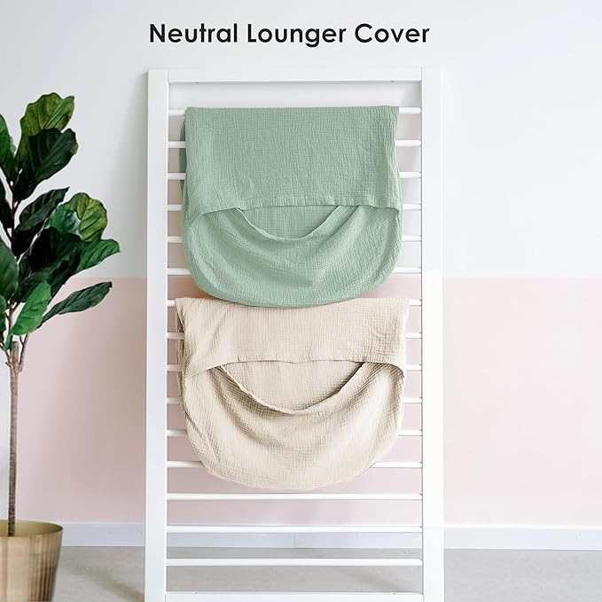MairMore Muslin Baby Cover for Newborn, Soft and Breathable 100% Cotton Lounger Slipcover Neutral, Pack of 2(Green, Ivory)