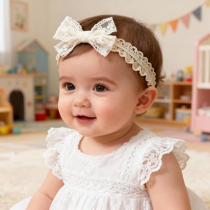 Baby Girls Bow Lace Headband Cute Soft Hairband White Butterfly Knot Headbands for Newborn Infants Toddlers Kids Christening Baptism Birthday Party Hair Accessories（Beige C）