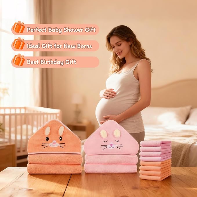 10 PCS Baby Bath Towels, 2 PCS Soft Hooded Towels & 8 PCS Washcloths - Ultra Soft, Super Absorbent, Cute Design for Newborns, Infants & Toddlers - Ideal for Bath, Swimming & Daily Care