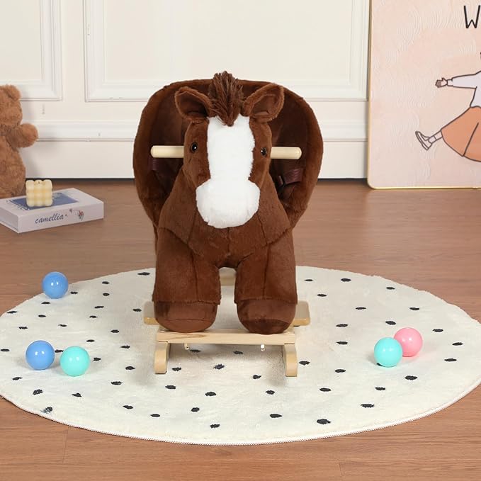 Pony Baby Rocking Horse for Toddlers 1 Years to 3 Years, Stuffed Plush Ride-on Rocking Animal with Realistic Sound and Music, Wooden Rocking Toy with Seat, Brown Horse, CPC Certified