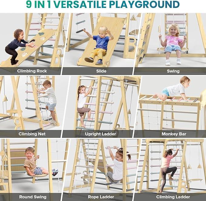 BlueWood Upgraded Indoor Jungle Gym 9-in-1 Playground Kids Climbing Toys, Waldorf Style Wooden Climber Playset with Slide, Swing, Monkey Bars, Upright/Rope Ladder, Climb Net, Pink