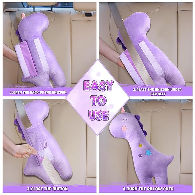 Lenwen 2 Pcs Seat Belt Pillow for Kids Cover for Boys Girls Seatbelt Cushion Pillow for Toddler Car Strap Covers for Travel Sleep Neck Head Support Pad(Purple and Pink,Unicorn)