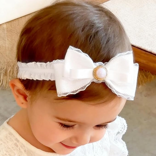 Baby Girls Headband White Bow Lace Headbands Soft Elastic Bowknot Hairbands Cute Hair Accessory for Newborn Kids Infant Toddler Baptism Birthday Party (Bow B)