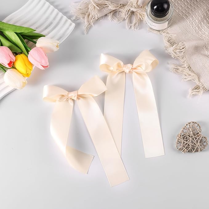 2-Pack Long Satin Ribbon Hair Bows for Girls – Elegant Silk Hair Clips for Toddlers, Infants, Teens & Kids - Ivory