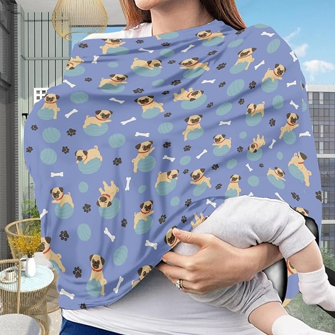 Binienty Cute Pug Infant Carseat Canopy, Dog Paw Prints Breathable Breastfeeding Scarf for Moms, Stretchy Fabric All-Season Use Baby Stroller Canopies