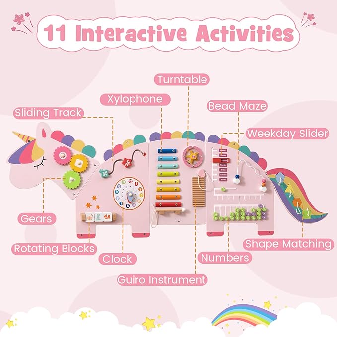 Olakids Sensory Wall, 11 in 1 Wooden Montessori Busy Board Panel Toddler Wall Mounted Activity Center Educational Toys Learning Gift for Boys Girls (Cherry Unicorn)