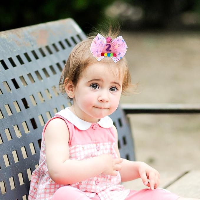 2Pcs Birthday Hair Bow for Baby Girls 1 2 3 4 5 6 Years, Pink Confetti Ice Cream Party Decorations, Sparkling Bows Hair Accessories for 2nd Birthday