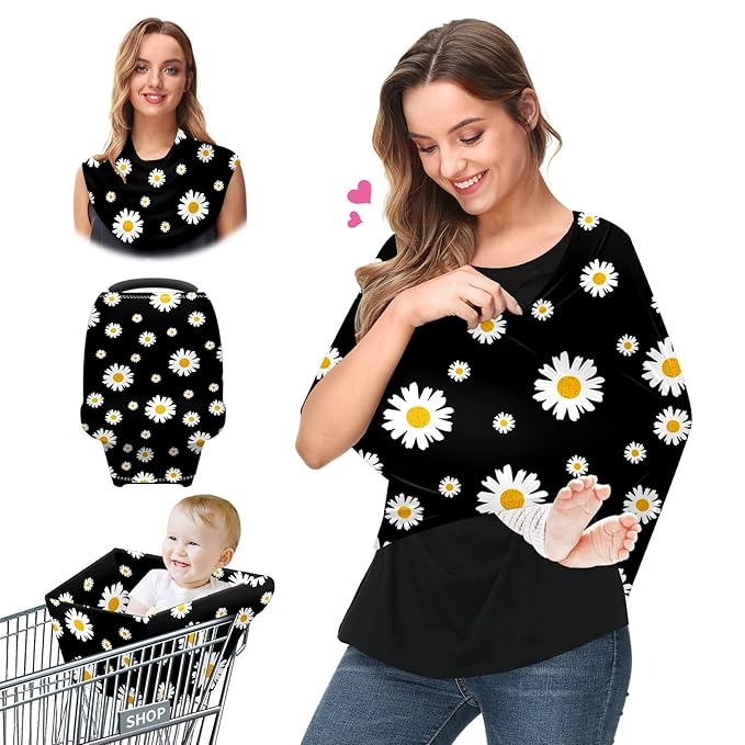 Baby Car Seat Stroller Covers White Yellow Daisy Flower Nursing Cover Breastfeeding Scarf Soft Breathable Stretchy Coverage Carseat Canopy Cover for Boys and Girls Soft Breathable Multi Use