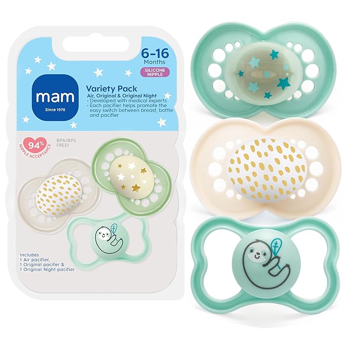 MAM Variety Pack Baby Pacifier, Includes 3 Types of Pacifiers, Nipple Shape Helps Promote Healthy Oral Development, 3 Pack, 6-16 Months, Unisex