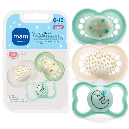MAM Variety Pack Baby Pacifier, Includes 3 Types of Pacifiers, Nipple Shape Helps Promote Healthy Oral Development, 3 Pack, 6-16 Months, Unisex
