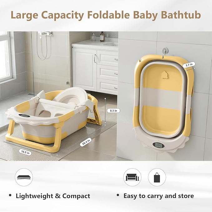 MoreFeel Foldable Baby Bathtub with Thermometer - 4-in-1 Grow-with-Me Collapsible Infant Tub (Newborn to Toddler) with Adjustable Mesh Sling - Space Saving Design
