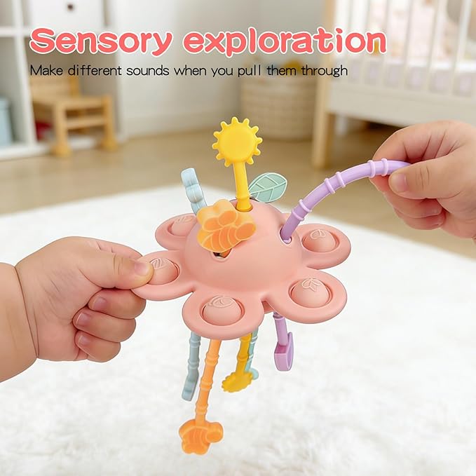 Food Grade Silicone Pull String Baby Toy, Montessori Pull String Sensory Toy for 18 Months Babies Teething Toys (Pink)
