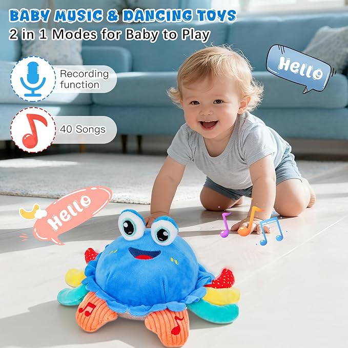 Baby Toys 1 Year Old 6-12 Month Tummy Time Toys Crawling Musical Crab Plush Toy Dancing Walking Moving Bouncing Sensory Toys for Toddlers, Valentine Gifts for Kids