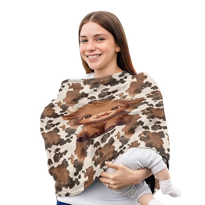 Wanyint Baby Car Seat Covers Nursing Cover Carseat Canopy Baby Breastfeeding Cover Multi-Use Nursing Scarf Infant Stroller Cover Home Decor, Cute Highland Cow Brown Cow Print
