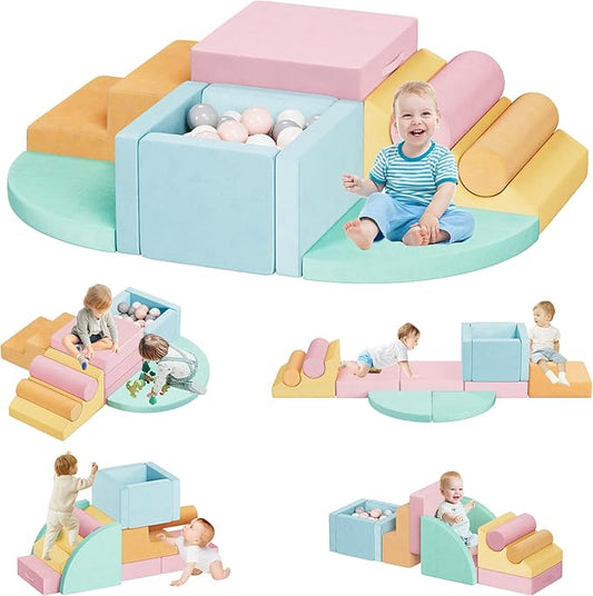 smilesun 12 PCS Foam Climbing Blocks for Toddlers with Ball Pit, Safe Soft Play Gym Set，Baby Kids' Indoor Playground Foam Blocks for Crawling, Climbing Motor Skills Development（Colorful）