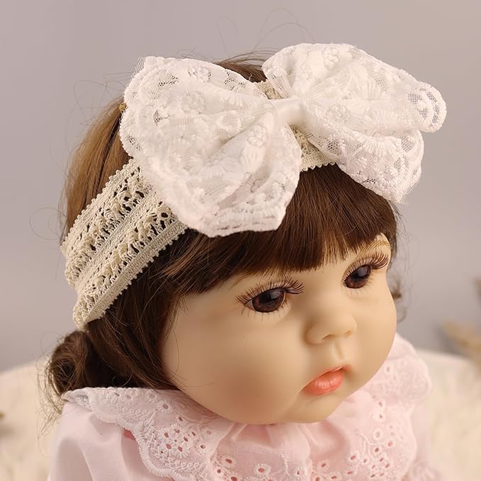 Lace Flower Bow-knot Baby Girls Headband Birthday Infant Wrap Elastic Baby Turban Hairband for Newborn Infant Toddler Kids (White)