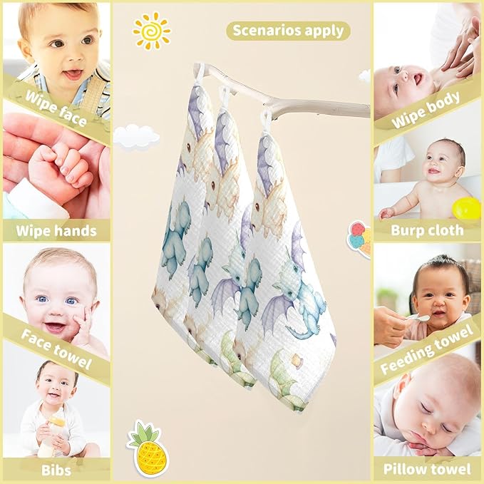 Cute Little Dragons Baby Washcloths, Soft and Absorbent Wash Cloths, Baby Bath Towel, Face Towel for Newborns, Infants, 5 Pack, 12x12 inches