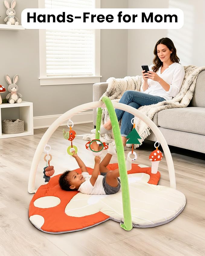 Upgrade Thickened Baby Play Gym, Extra Large Activity Mat, Machine Washable Playmat, Tummy Time Mat with Detachable Toys for Motor Skills, Non-Slip Bottom, Mushroom