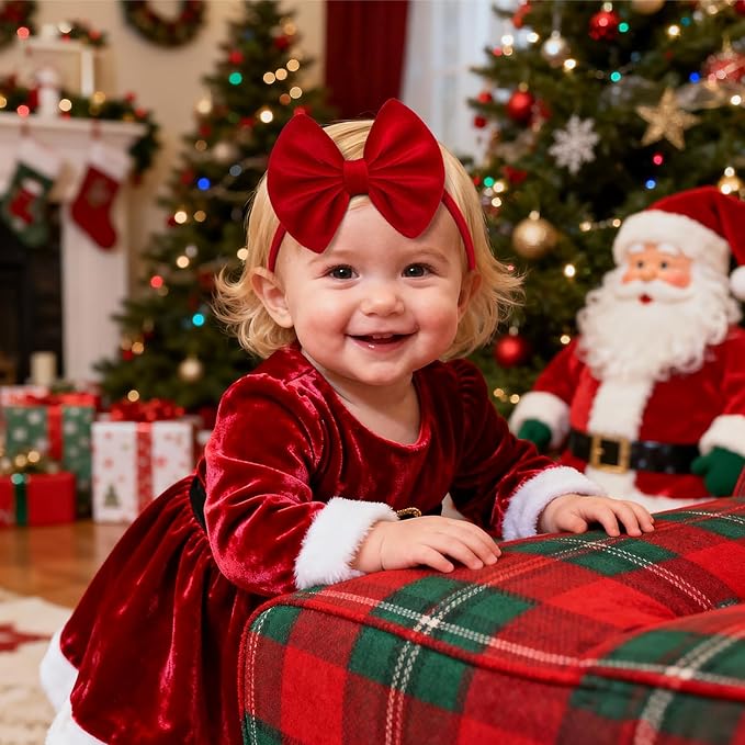 4.5'' 4Pcs Christmas Headband Bow for Baby Girls Velvet Red Hair Bows for Infant Toddler Green Holiday Outfits Black Hair Accessories Baby Headbands
